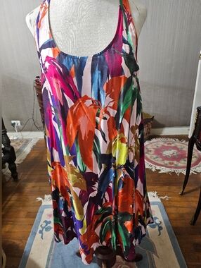 Vibrant Multicolor Tropical Print Tank Dress By TRINK TURK has Pockets